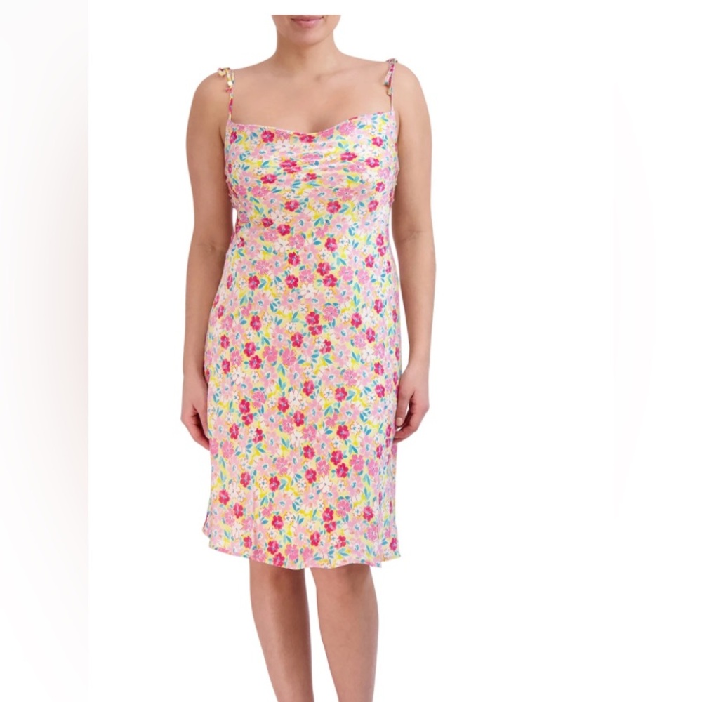 BCBG Pink and Yellow Slip Dress with Floral Print XL